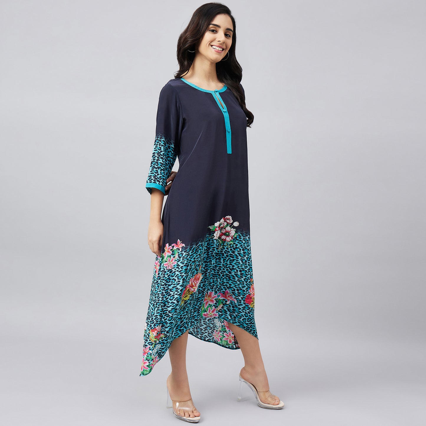 Black and Turquoise Printed Midi Kaftan Dress