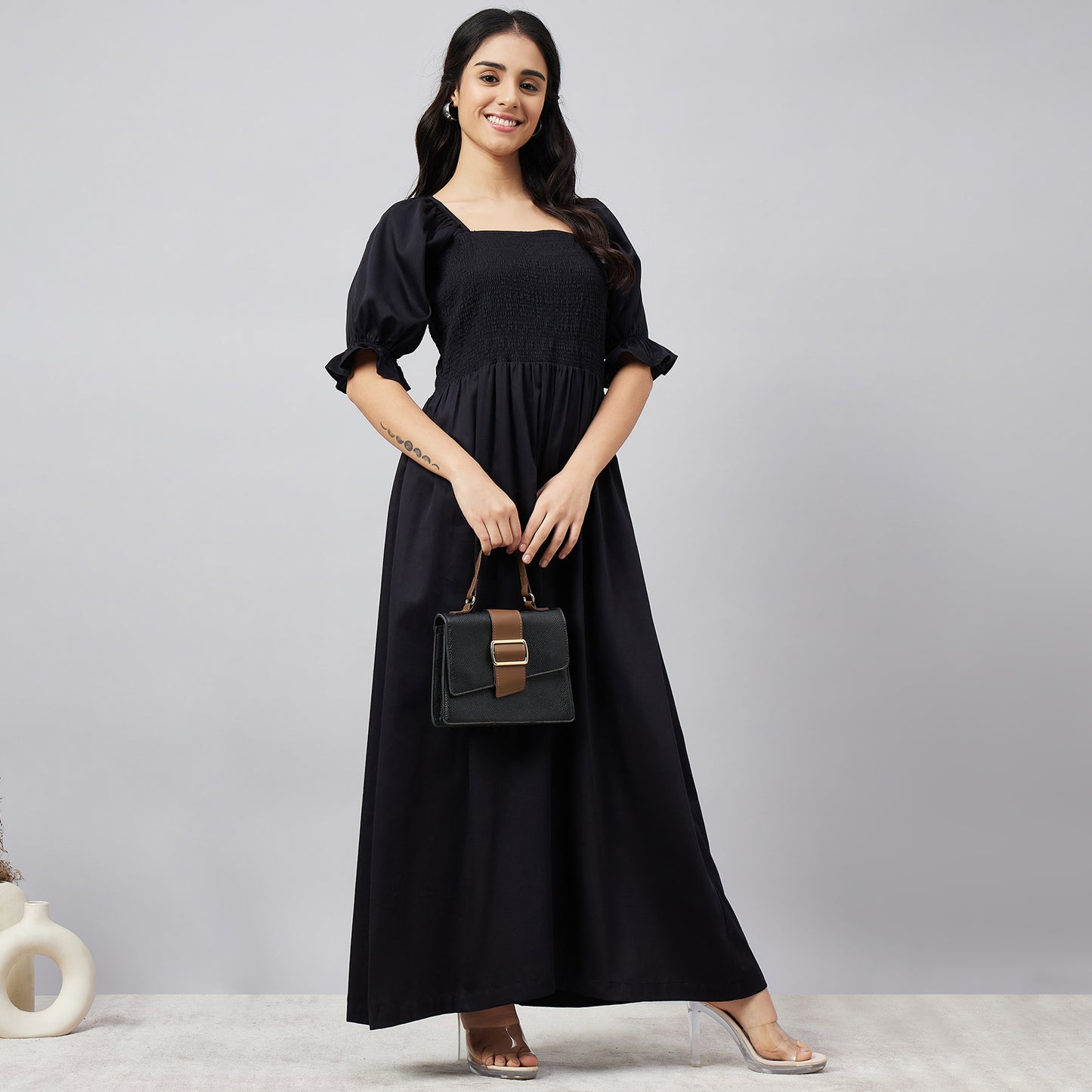 Black Smocked Maxi Dress