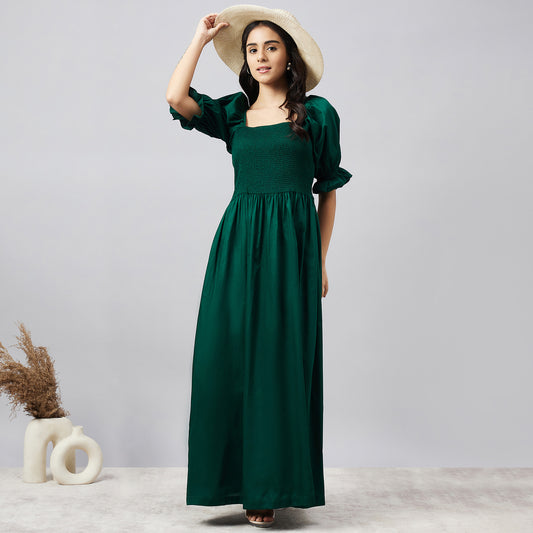 Bottle Green Smocked Maxi Dress