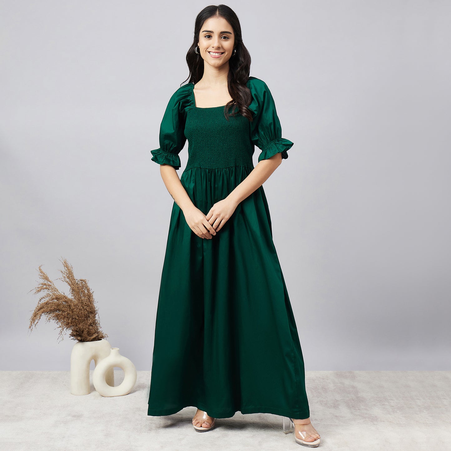 Bottle Green Smocked Maxi Dress