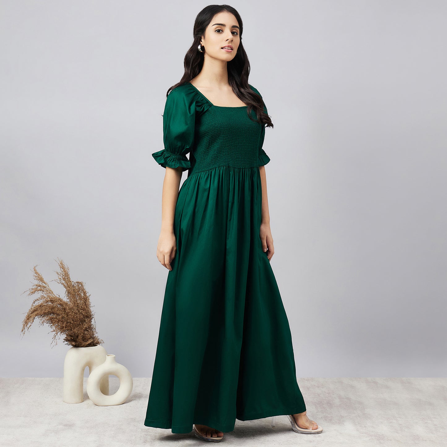 Bottle Green Smocked Maxi Dress