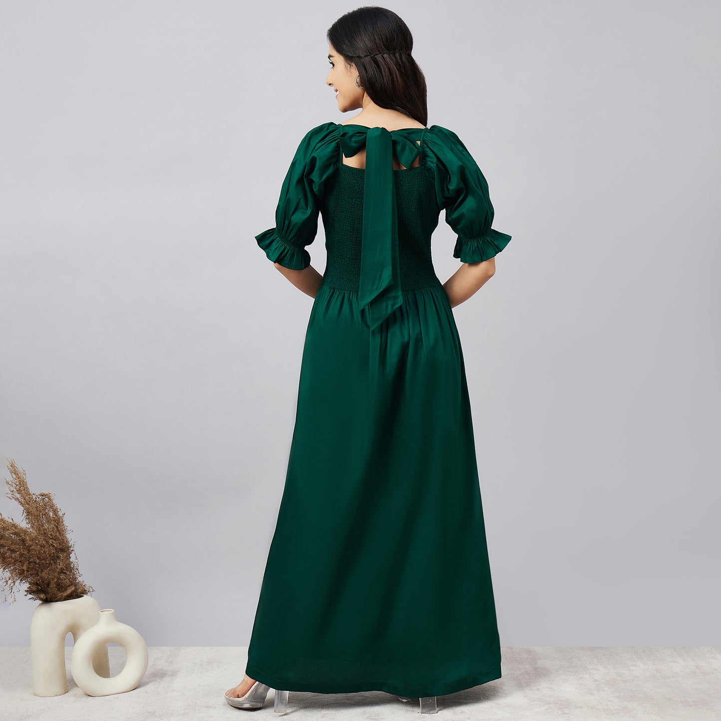 Bottle Green Smocked Maxi Dress