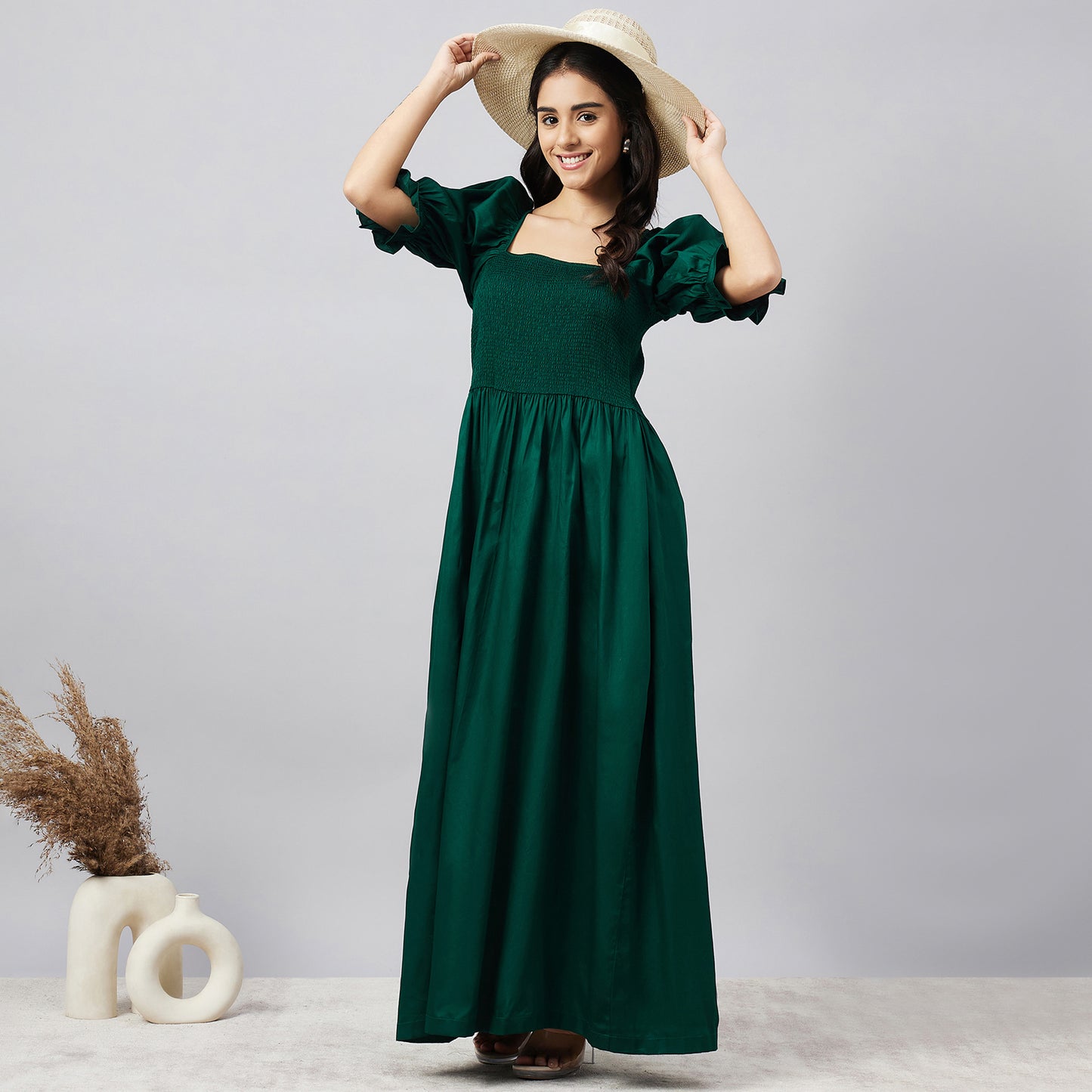 Bottle Green Smocked Maxi Dress