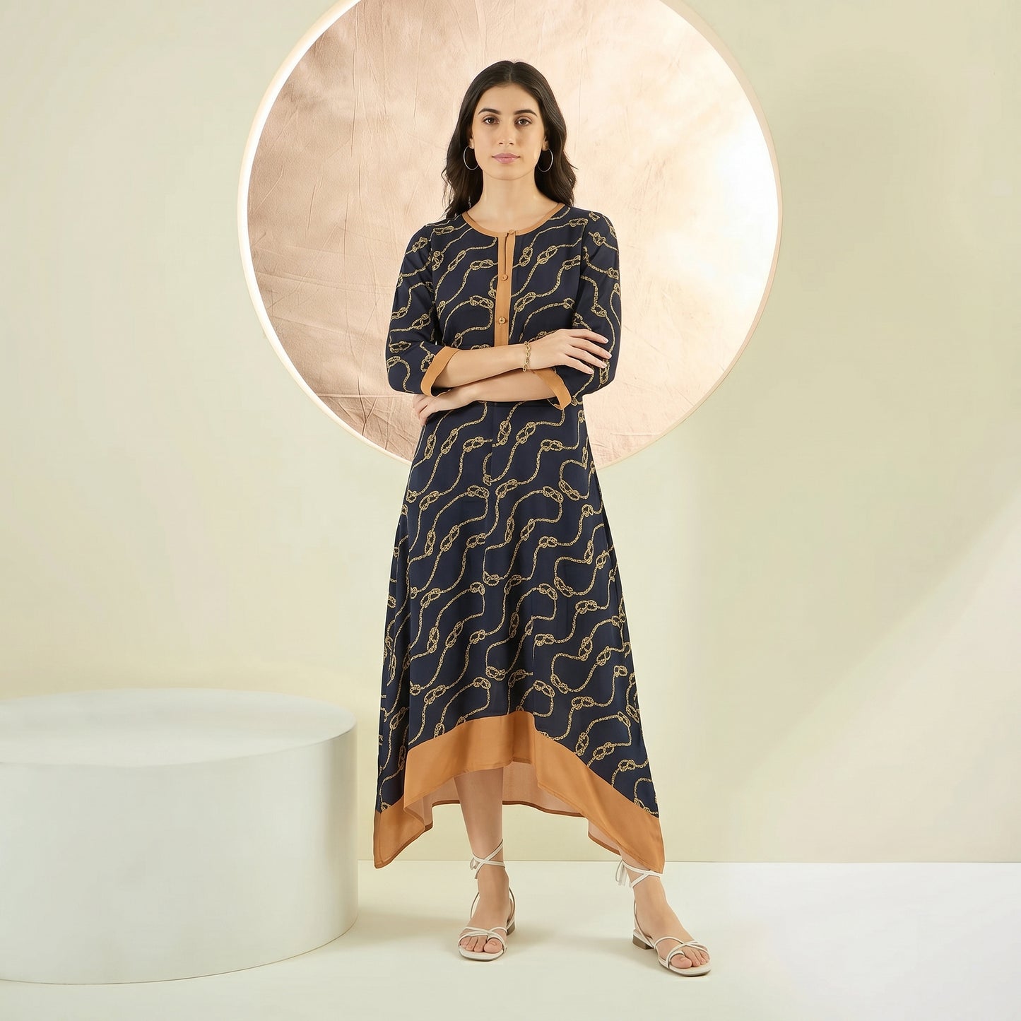 Black And Brown Nautical Print Dress for Women – Viscose Crepe | First Resort by Ramola Bachchan