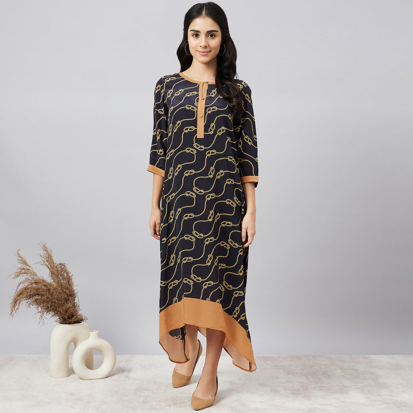 Black and Brown Nautical Print Midi Kaftan Dress