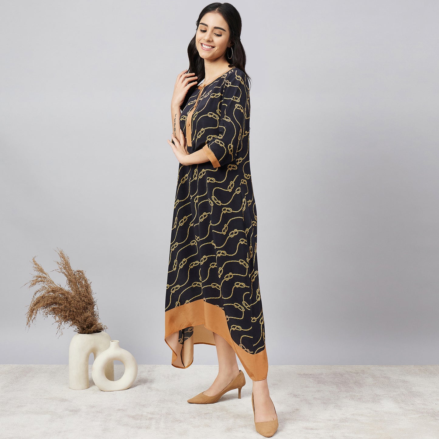 Black and Brown Nautical Print Midi Kaftan Dress