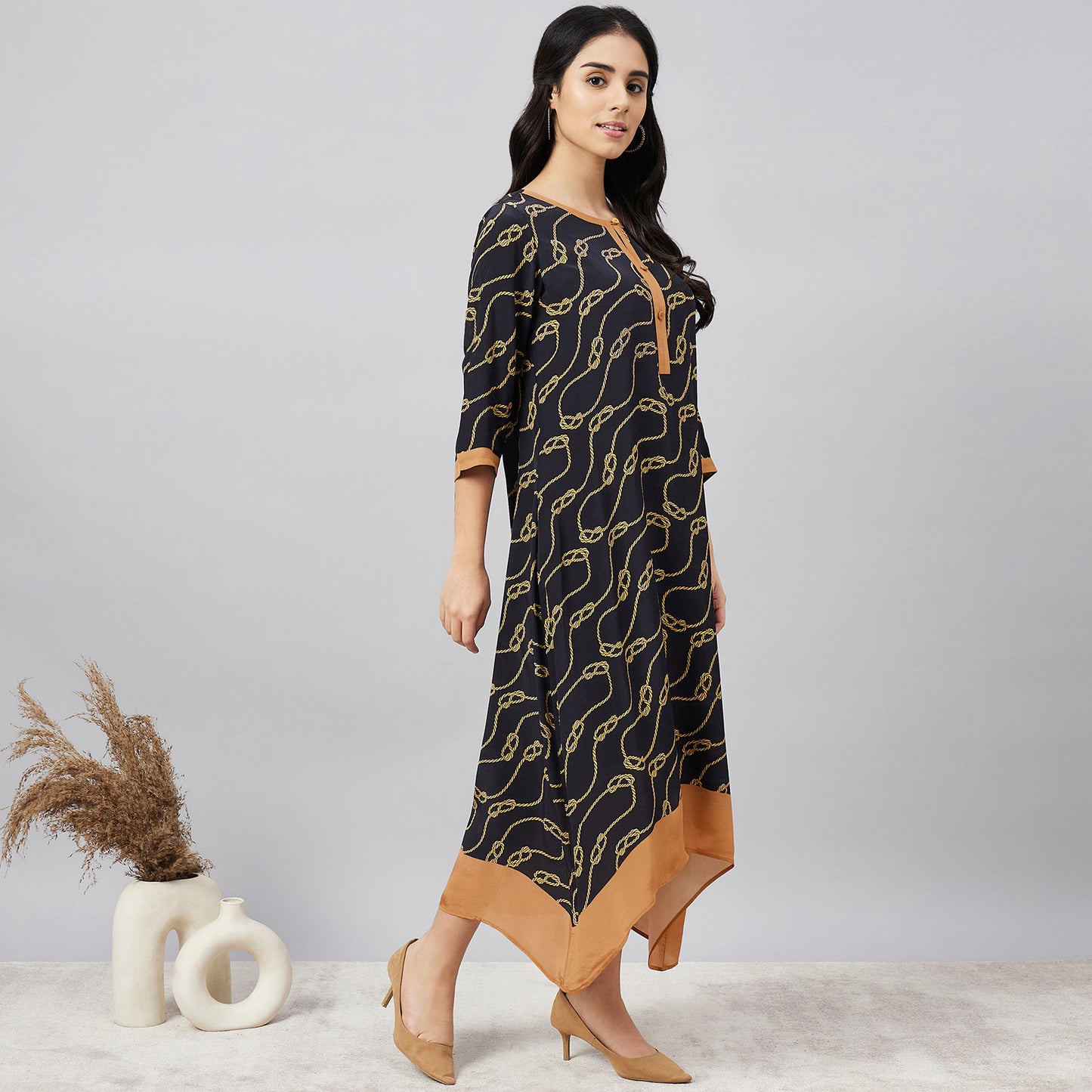 Black and Brown Nautical Print Midi Kaftan Dress