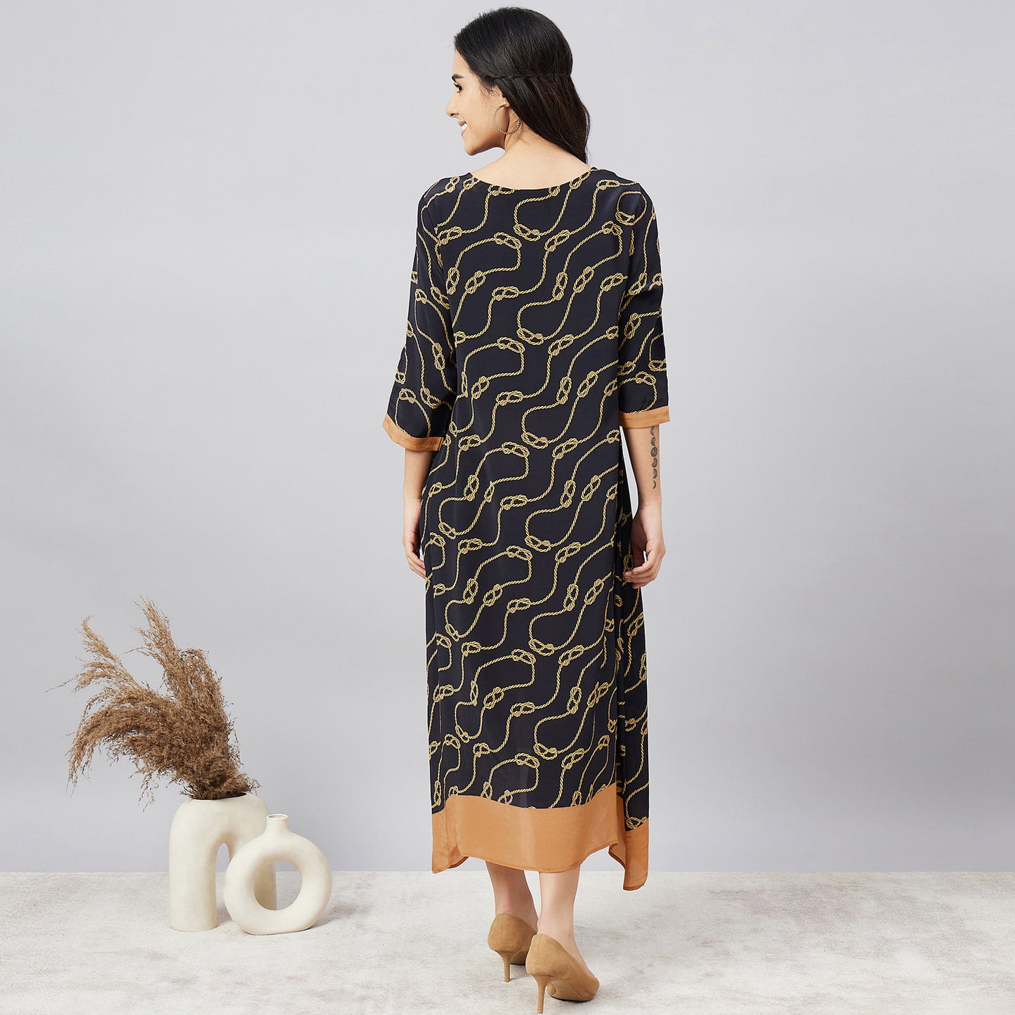 Black and Brown Nautical Print Midi Kaftan Dress