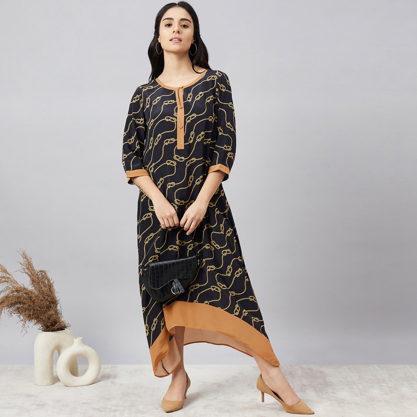 Black and Brown Nautical Print Midi Kaftan Dress