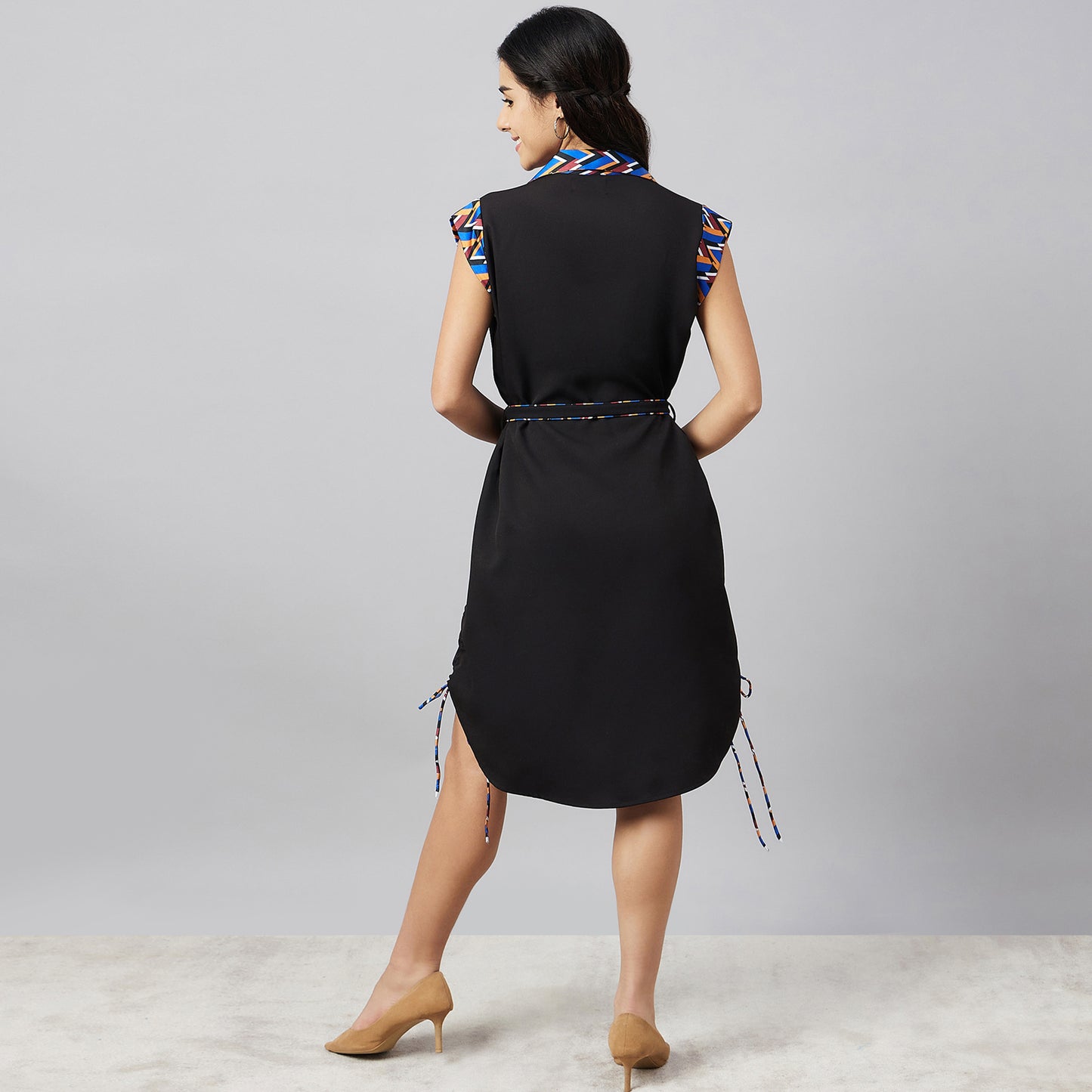 Black Geometric Print Shirt Dress with Belt