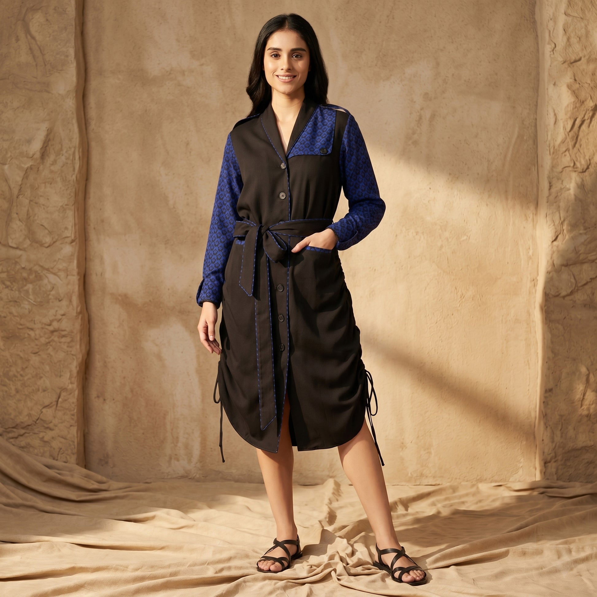 Black And Blue Houndstooth Print Dress for Women – Silk Crepe | First Resort by Ramola Bachchan