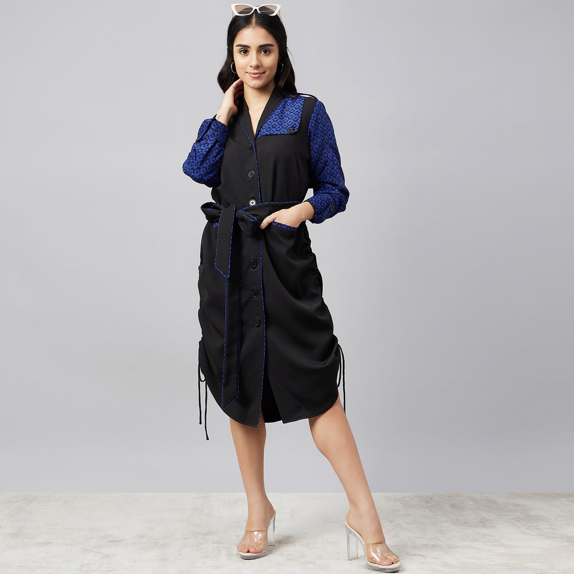 black dress with blue belt Black Dress with Bow on the Belt