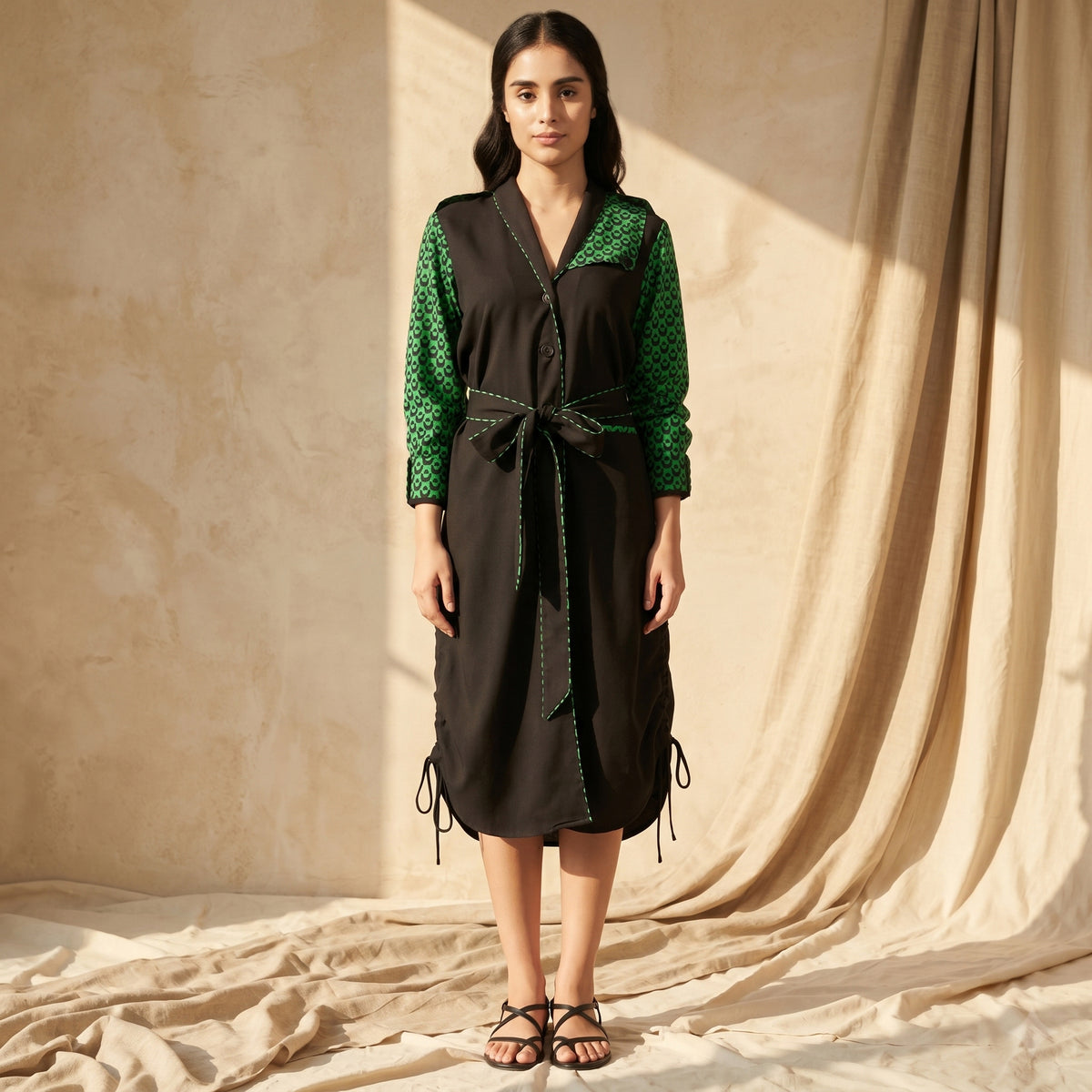 Black And Green Houndstooth Print Dress for Women – Silk Crepe | First Resort by Ramola Bachchan