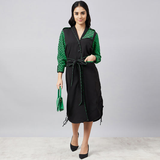 Black and Green Houndstooth Print Shirt Dress with Belt