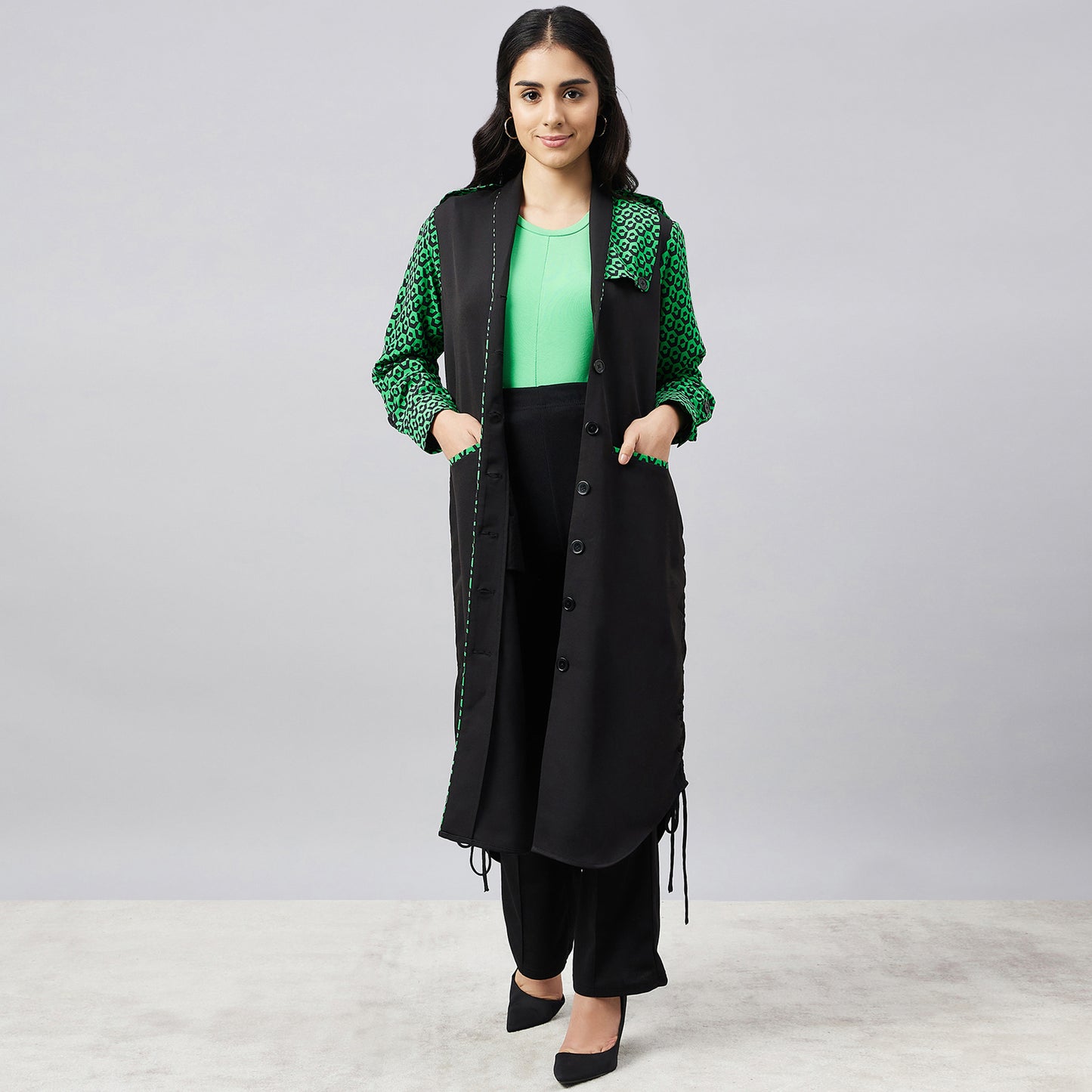 Black and Green Houndstooth Print Shirt Dress with Belt