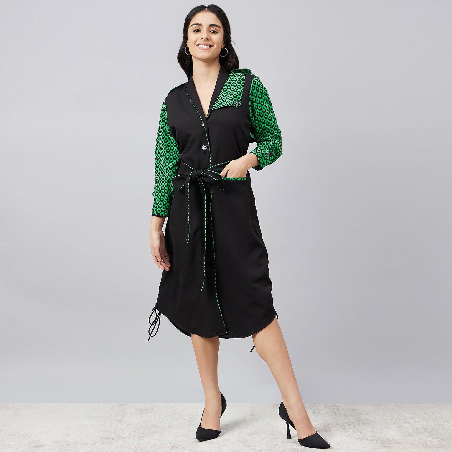 Black and Green Houndstooth Print Shirt Dress with Belt