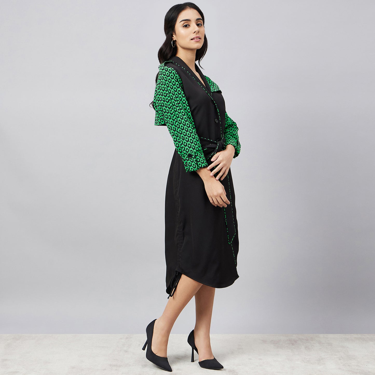 Black and Green Houndstooth Print Shirt Dress with Belt