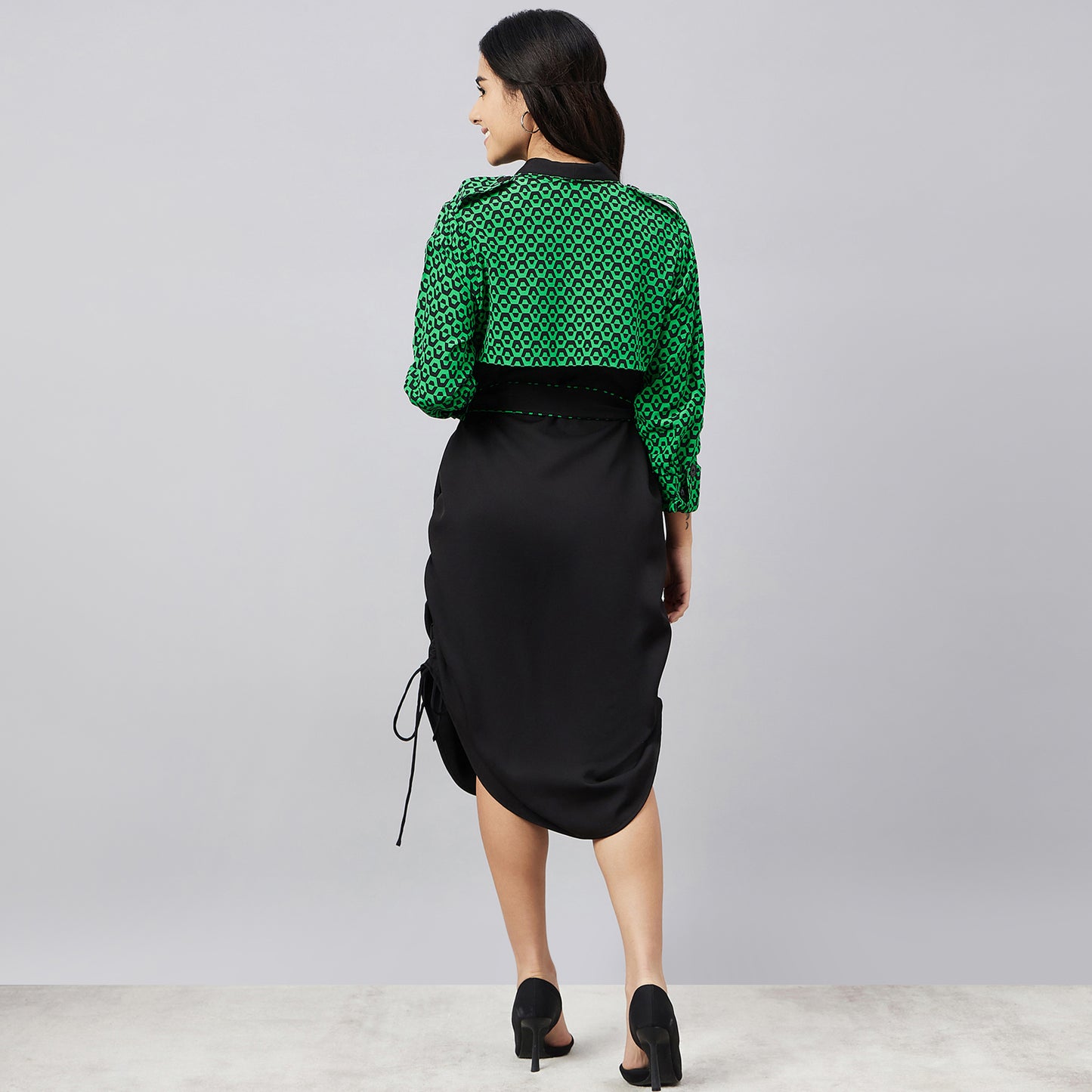Black and Green Houndstooth Print Shirt Dress with Belt