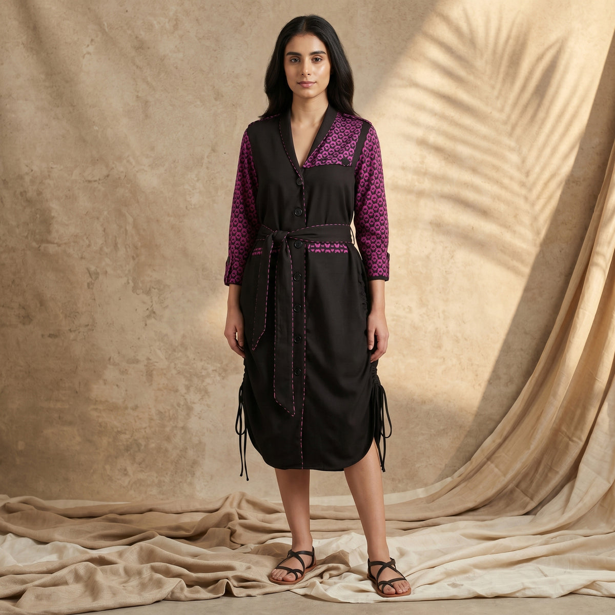 Black And Pink Houndstooth Print Dress for Women – Silk Crepe | First Resort by Ramola Bachchan