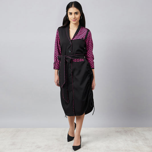 Black and Pink Houndstooth Print Shirt Dress with Belt