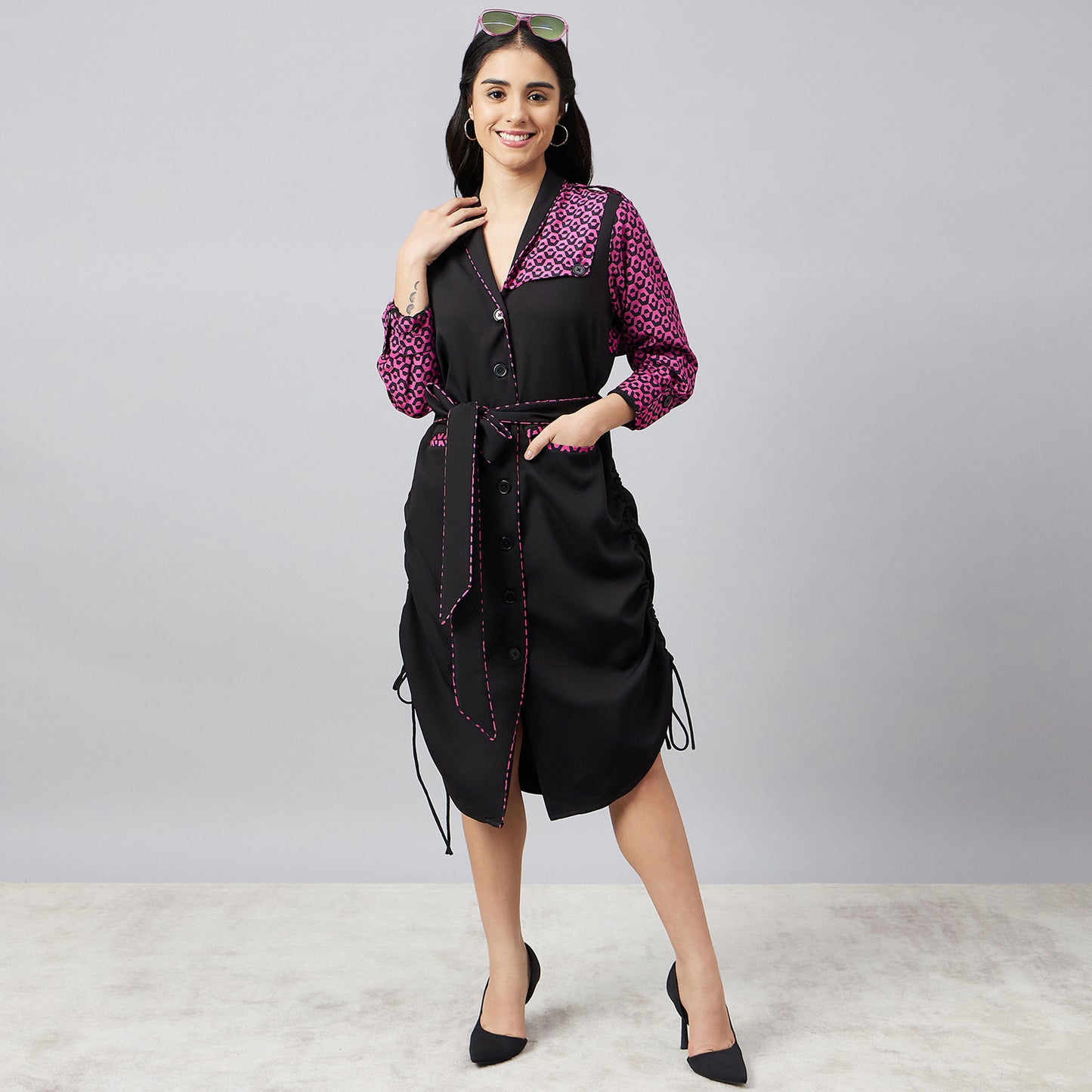 Black and Pink Houndstooth Print Shirt Dress with Belt