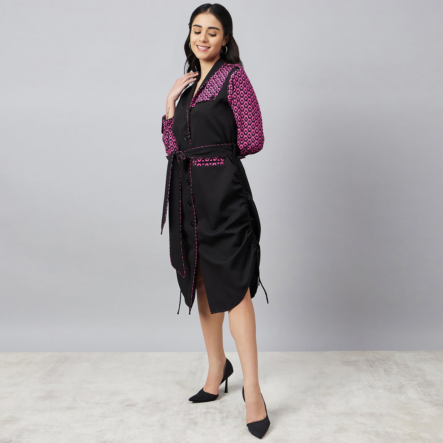 Black and Pink Houndstooth Print Shirt Dress with Belt
