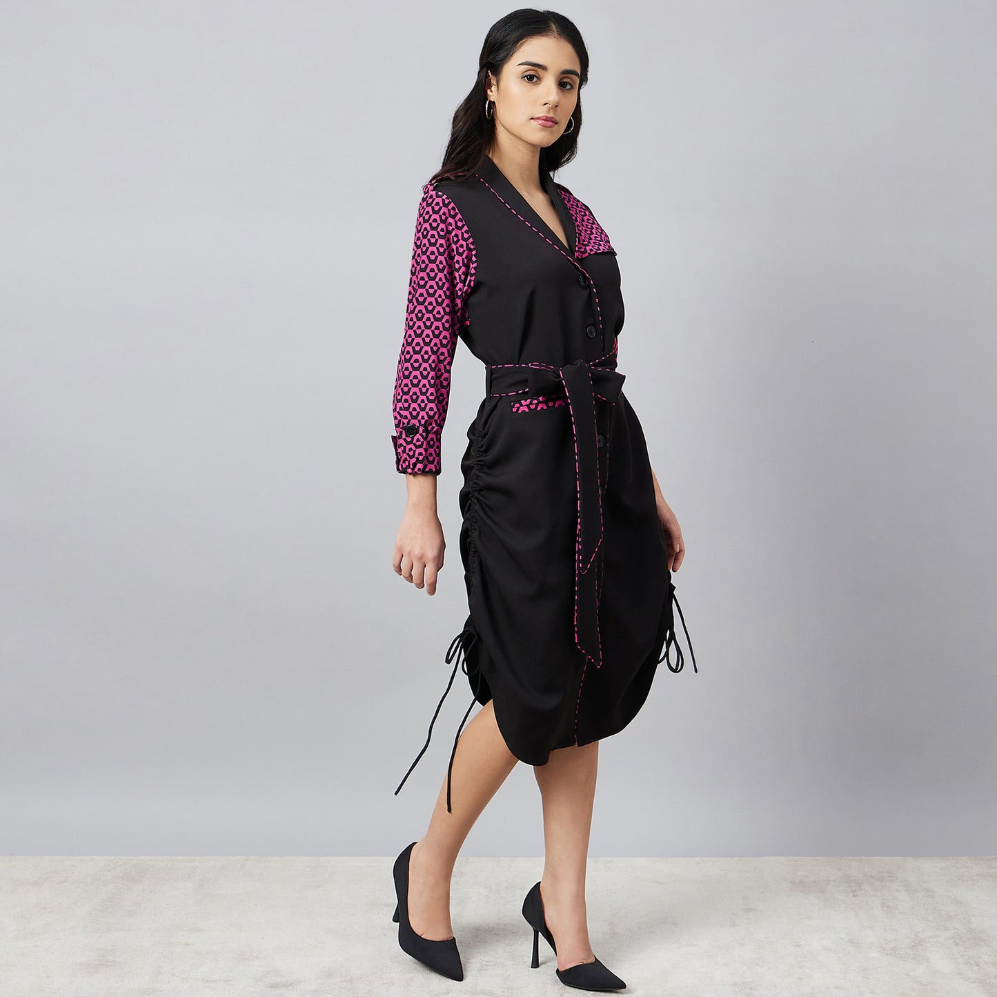 Black and Pink Houndstooth Print Shirt Dress with Belt