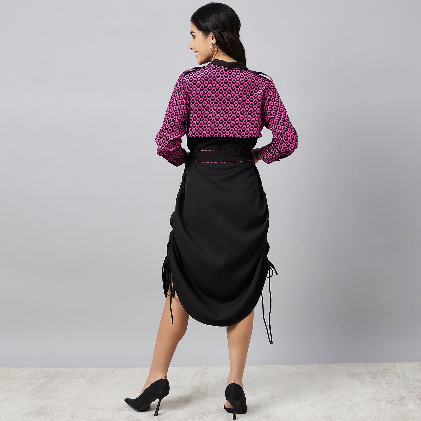 Black and Pink Houndstooth Print Shirt Dress with Belt