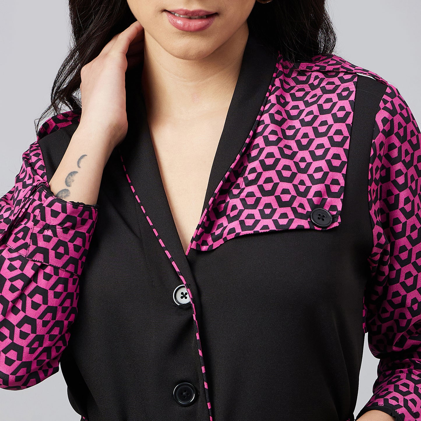 Black and Pink Houndstooth Print Shirt Dress with Belt