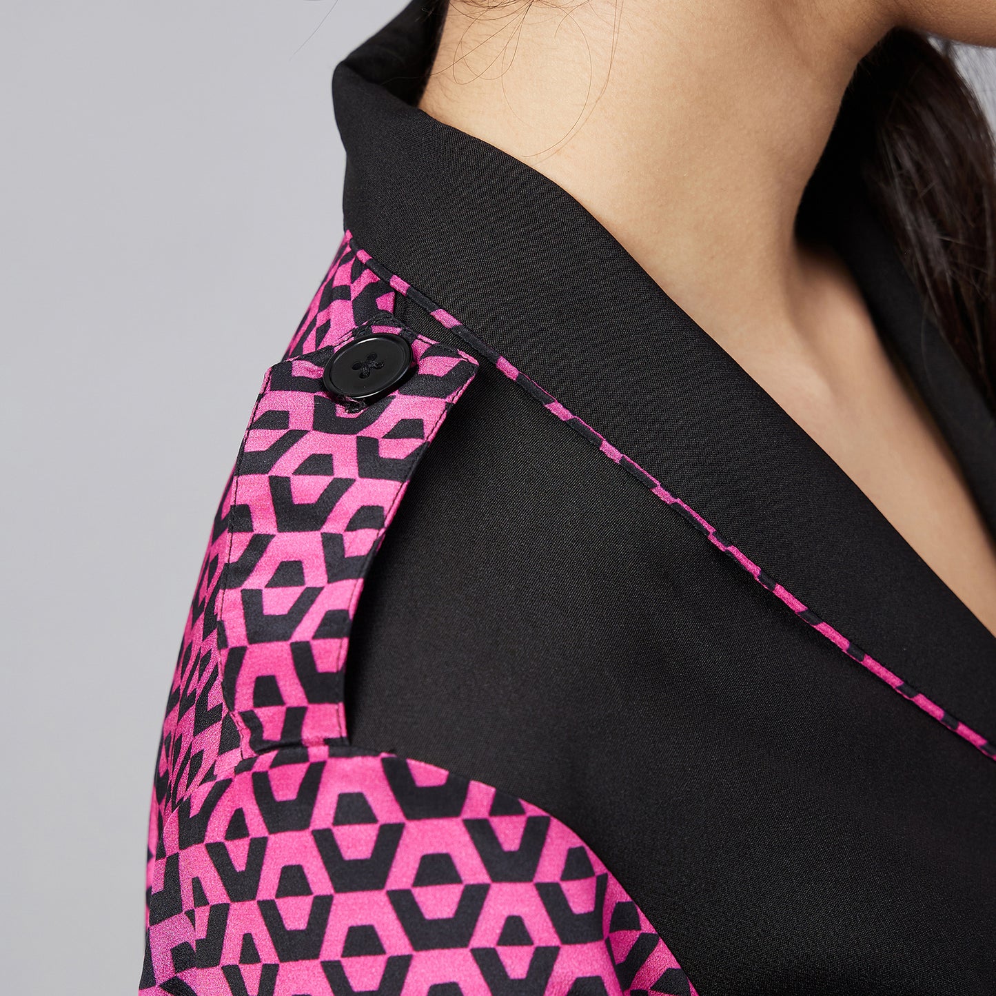 Black and Pink Houndstooth Print Shirt Dress with Belt