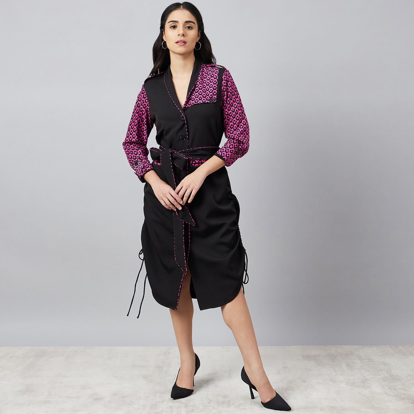 Black and Pink Houndstooth Print Shirt Dress with Belt