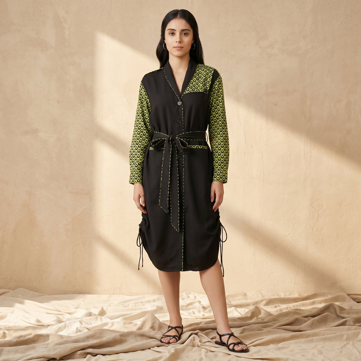 Black And Yellow Houndstooth Print Dress for Women – Silk Crepe | First Resort by Ramola Bachchan