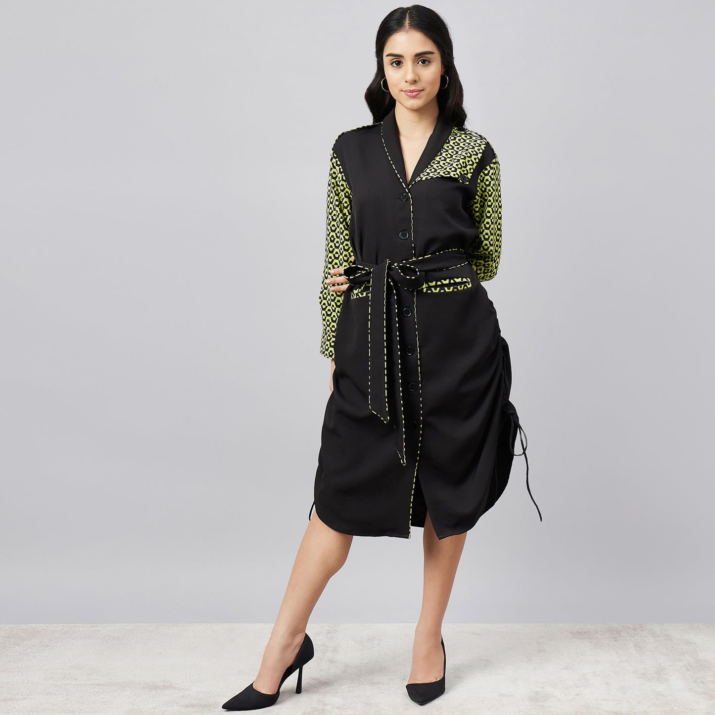 Black and Yellow Houndstooth Print Shirt Dress with Belt