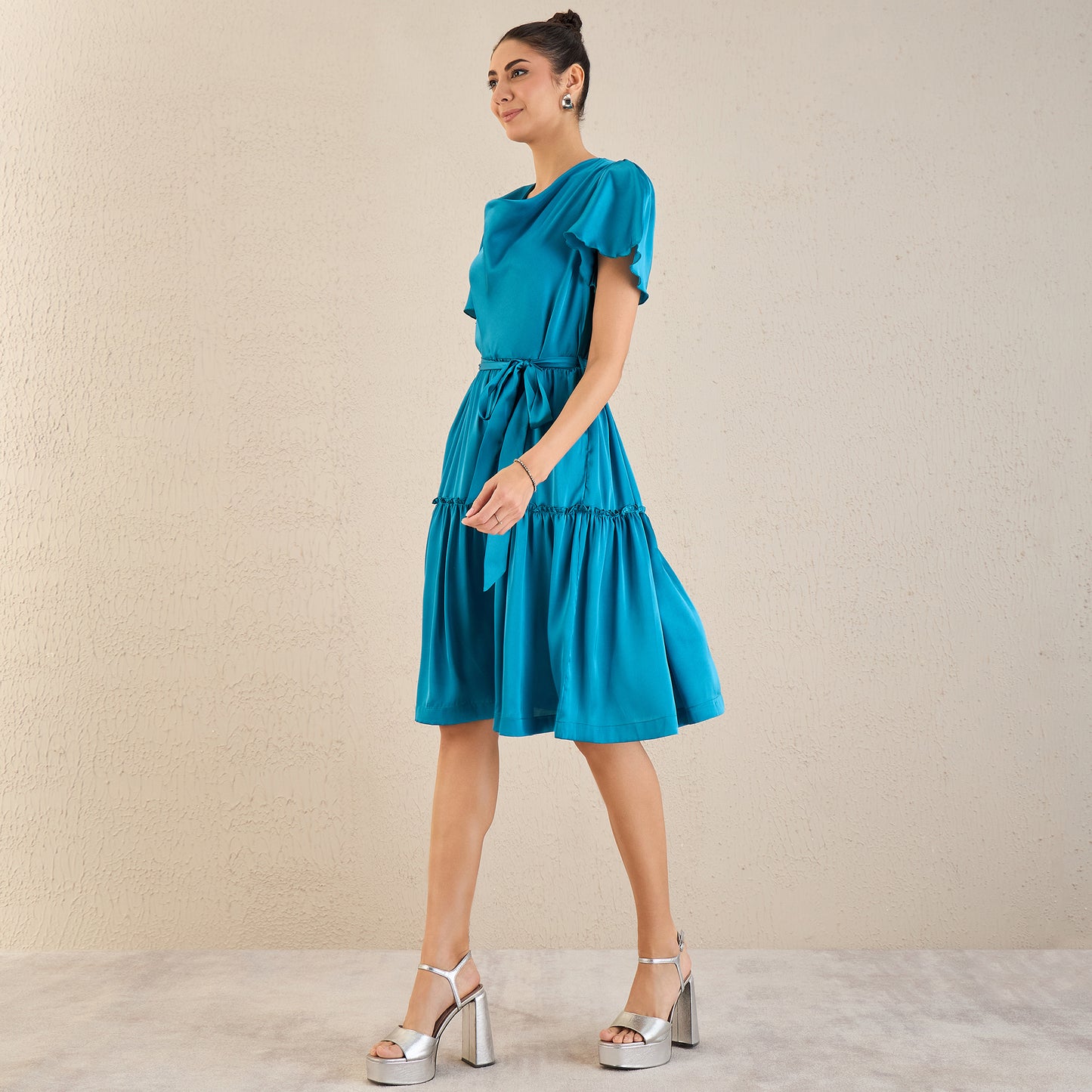 True Blue Cowl Neck Satin Dress with Belt