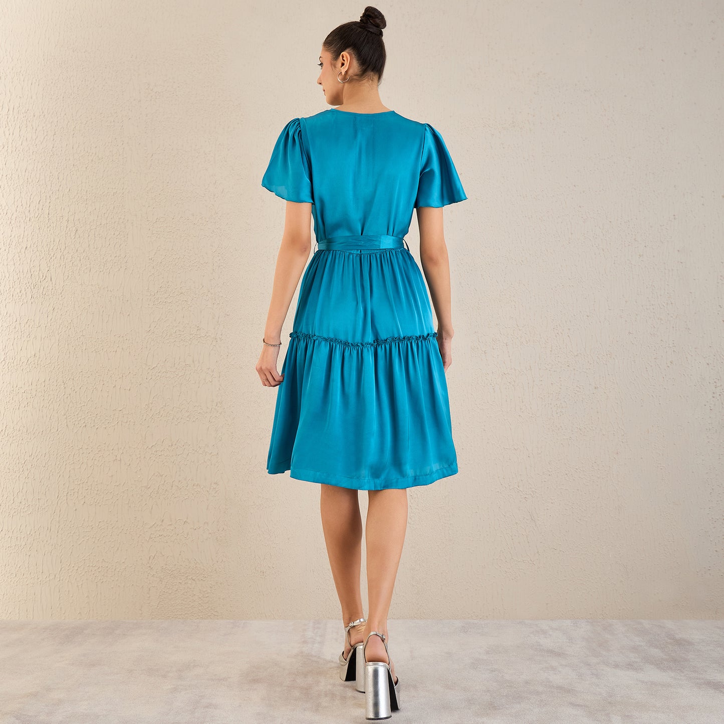 True Blue Cowl Neck Satin Dress with Belt