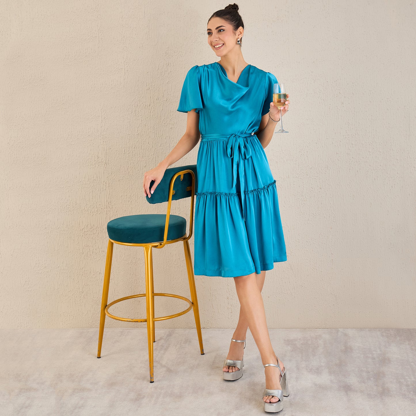True Blue Cowl Neck Satin Dress with Belt
