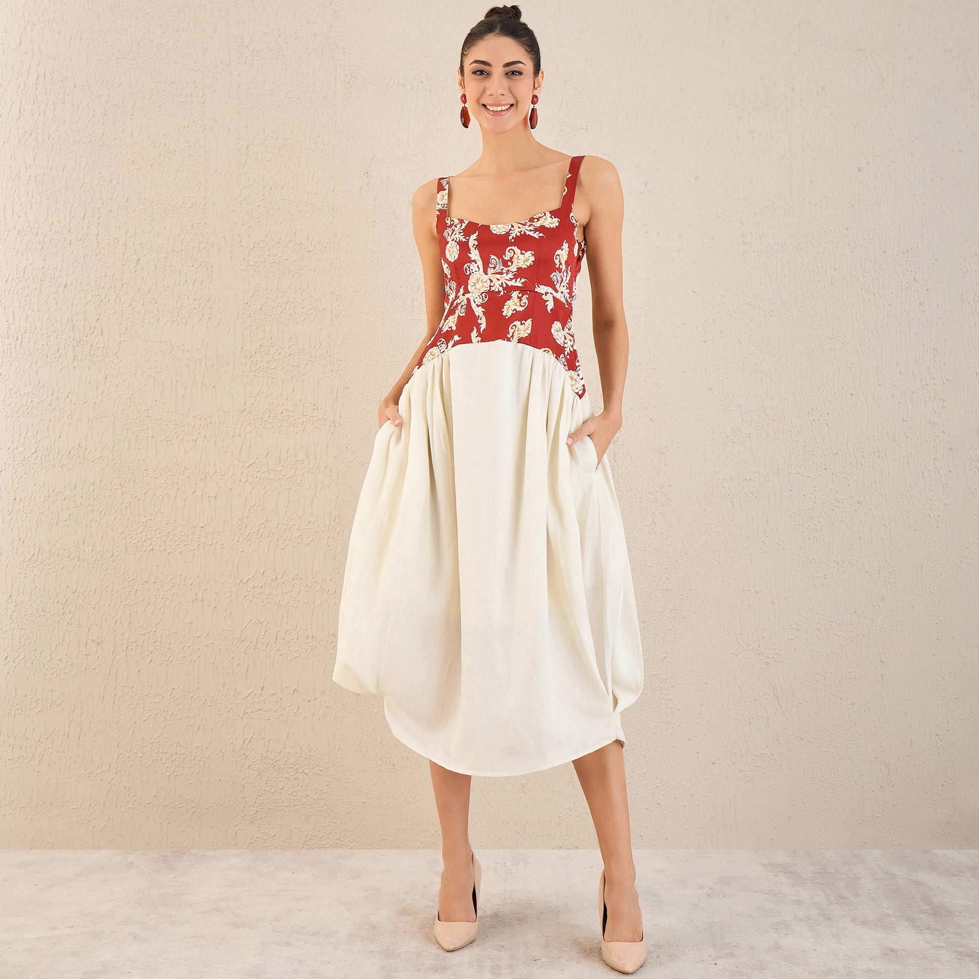 off white red dress Off-White Gown with Burgundy Red Organza