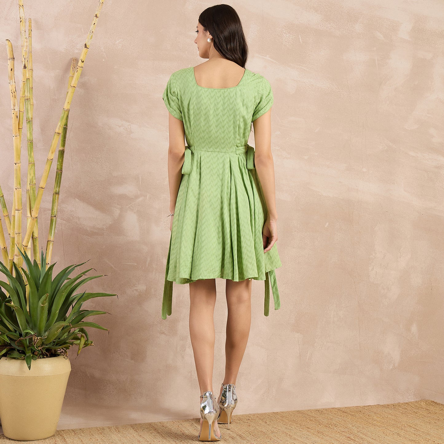 Pastel Green Herringbone Side Strap Short Dress