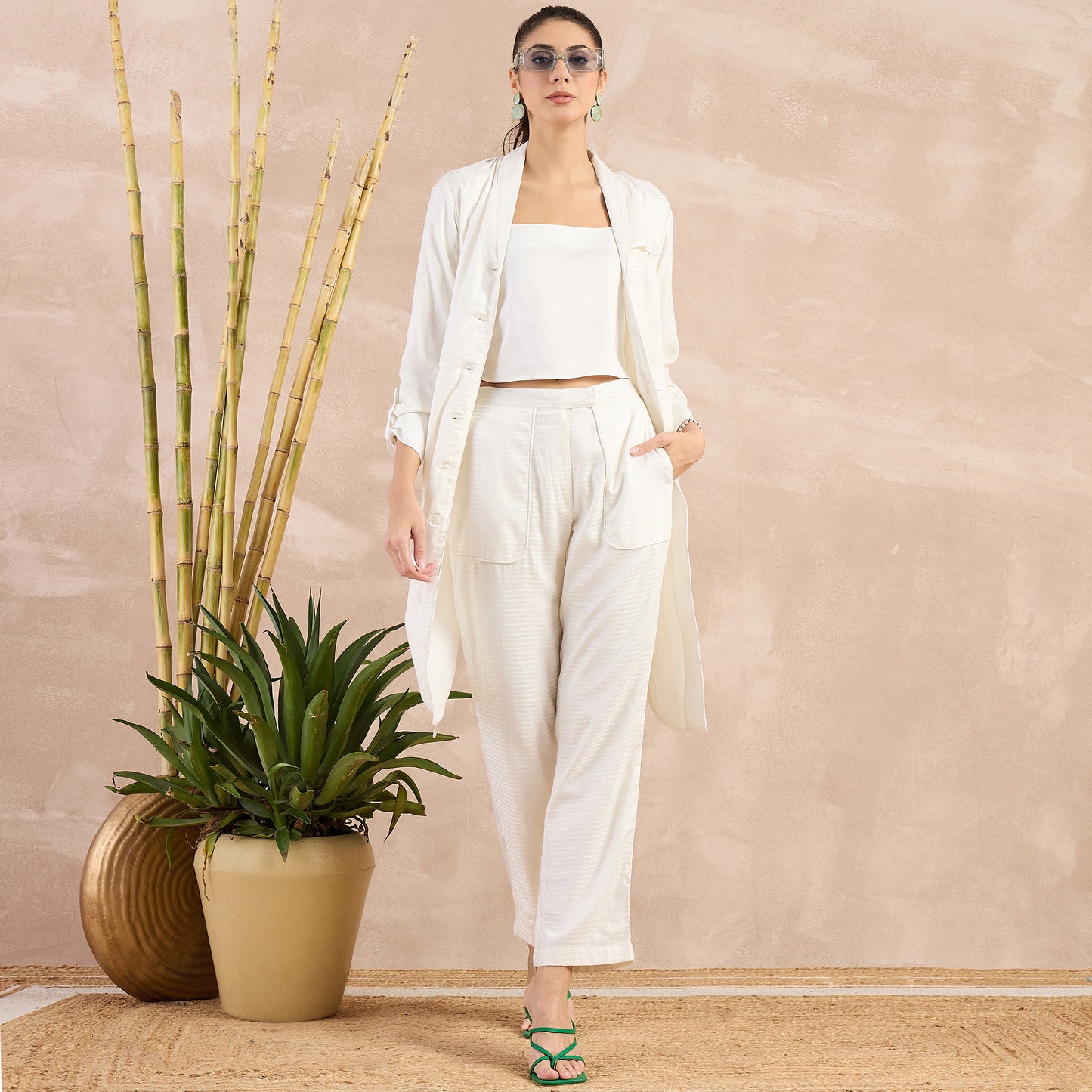 Off-White Herringbone Shawl Collar Trench Dress with Belt