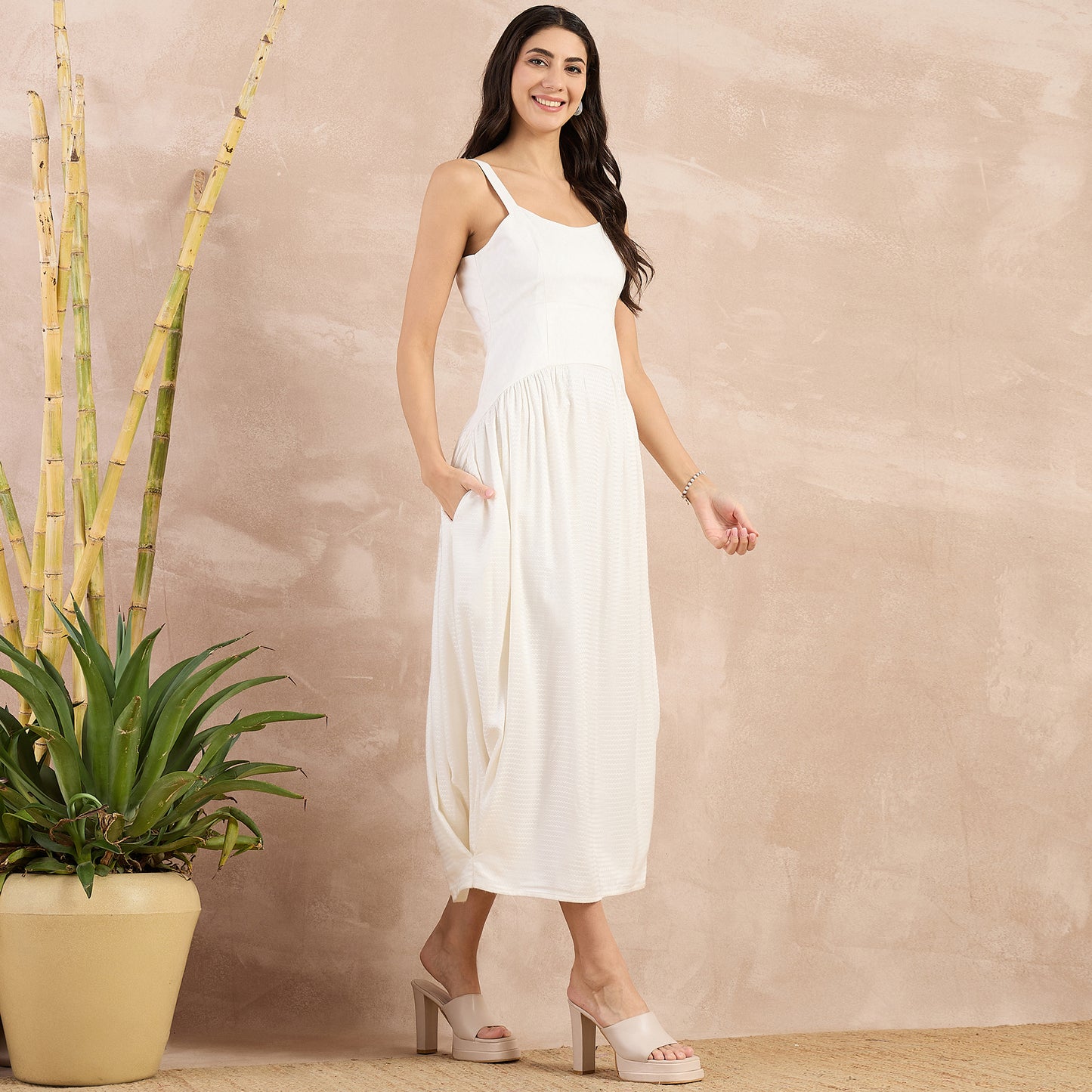 Off-White Herringbone Mid Length Dress