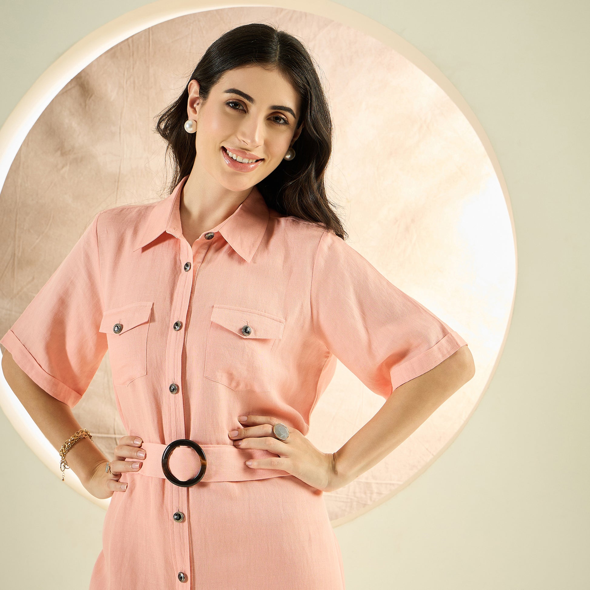 Blush Peach Mid-Length Linen Shirt | First Resort by Ramola Bachchan Blush Peach Mid-Length Linen Shirt | First Resort by Ramola Bachchan