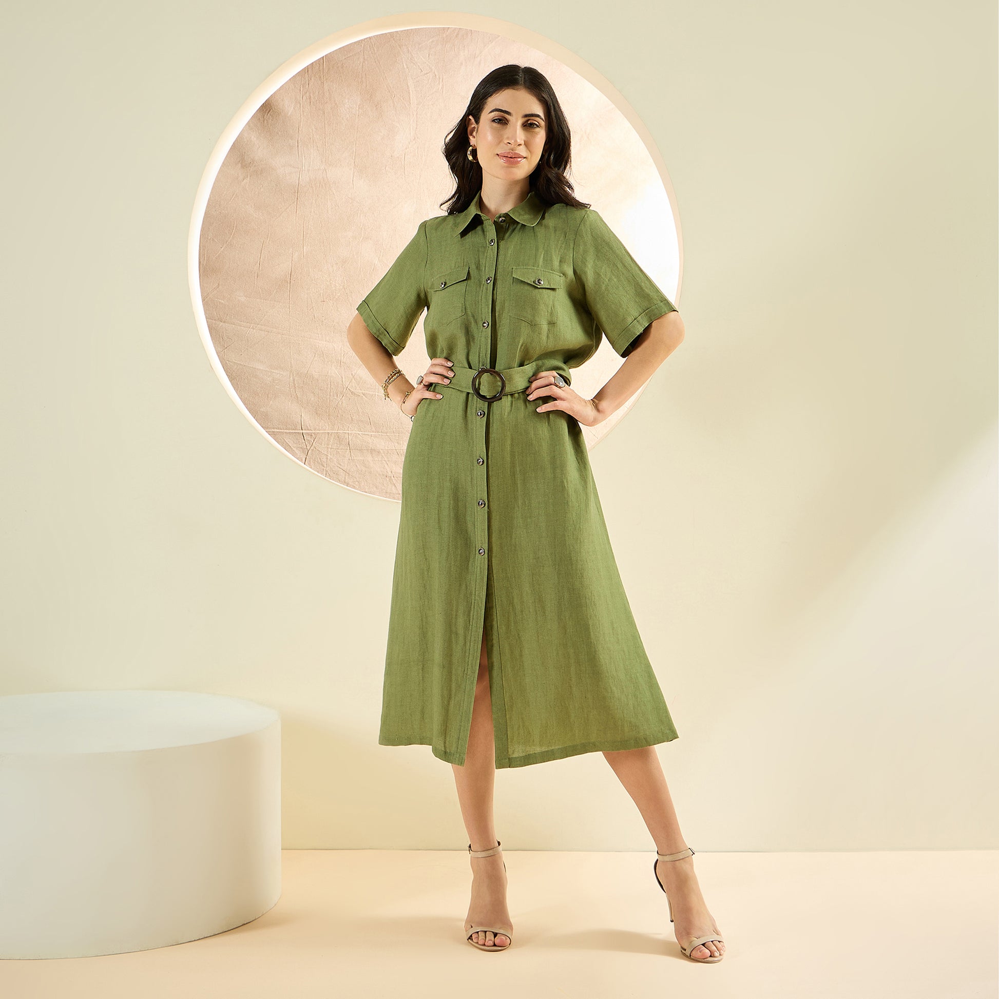 Olive Green Mid-Length Linen Shirt Dress - XS Olive Green Mid-Length Linen Shirt Dress - XS