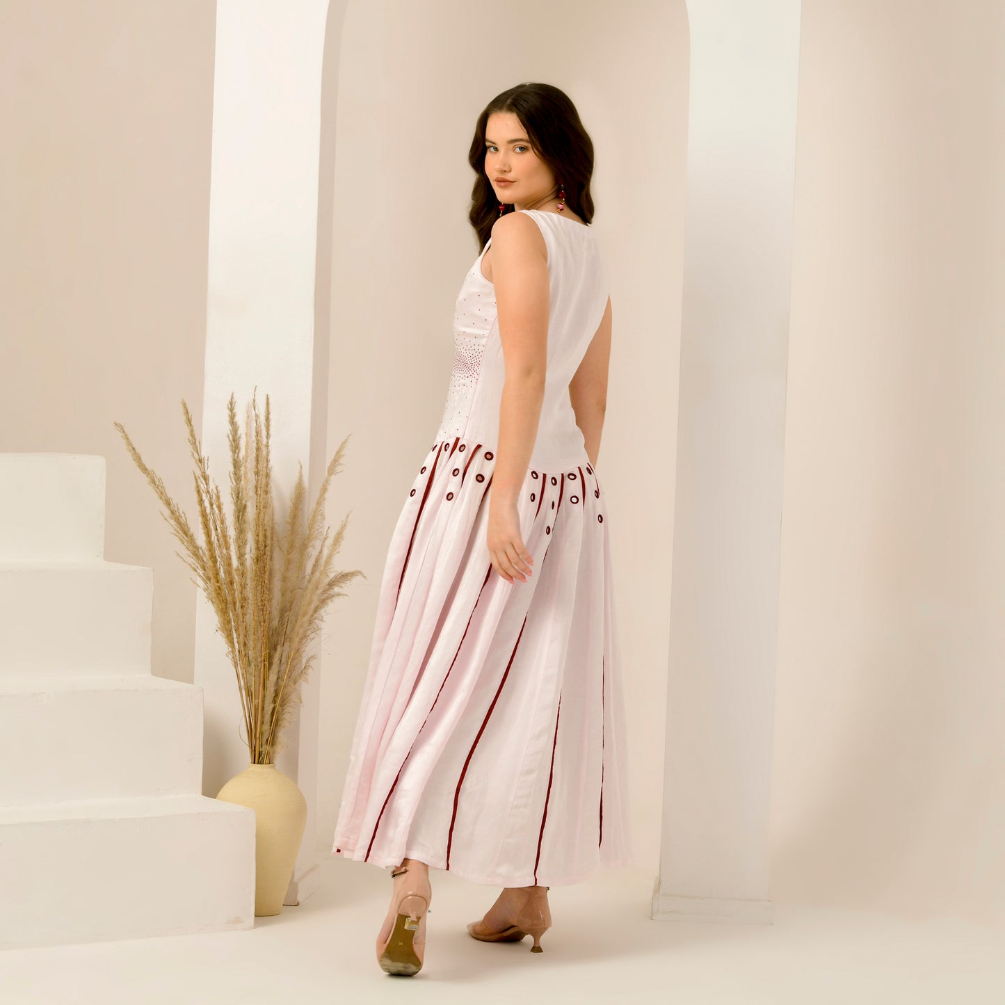Pink and Red Embellished and Mirror Hand Embroidered Maxi Dress