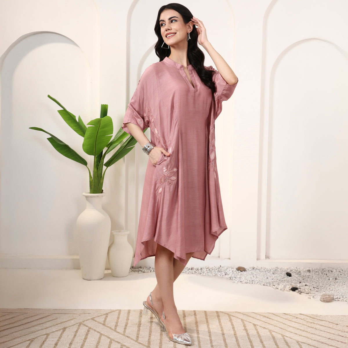 Pink Dress for Women – Bamberg Viscose Muslin – Side View | First Resort by Ramola Bachchan