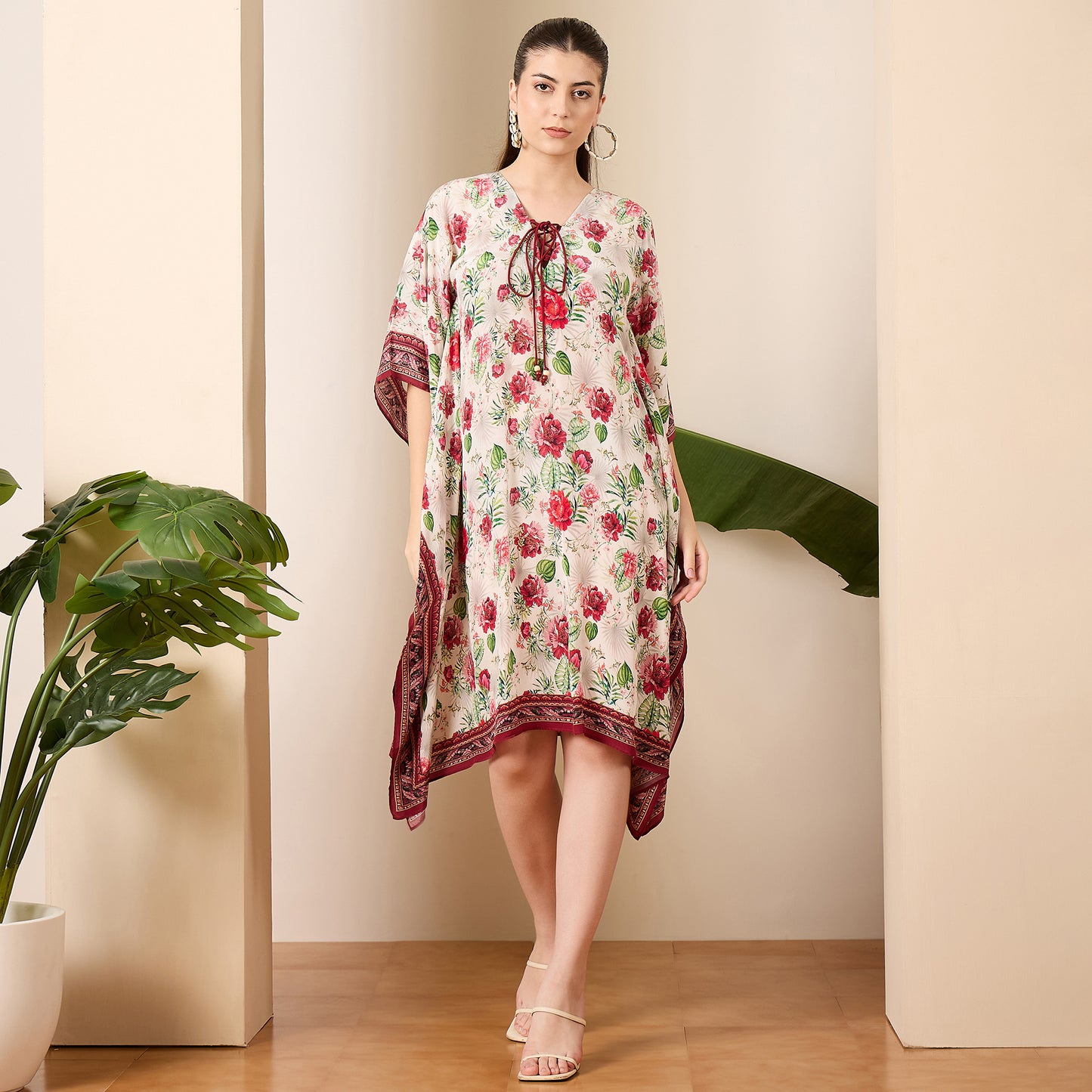 Red Rose Print Tie-up Kaftan Dress