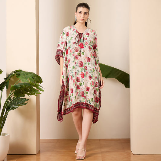 Red Rose Print Tie-up Kaftan Dress