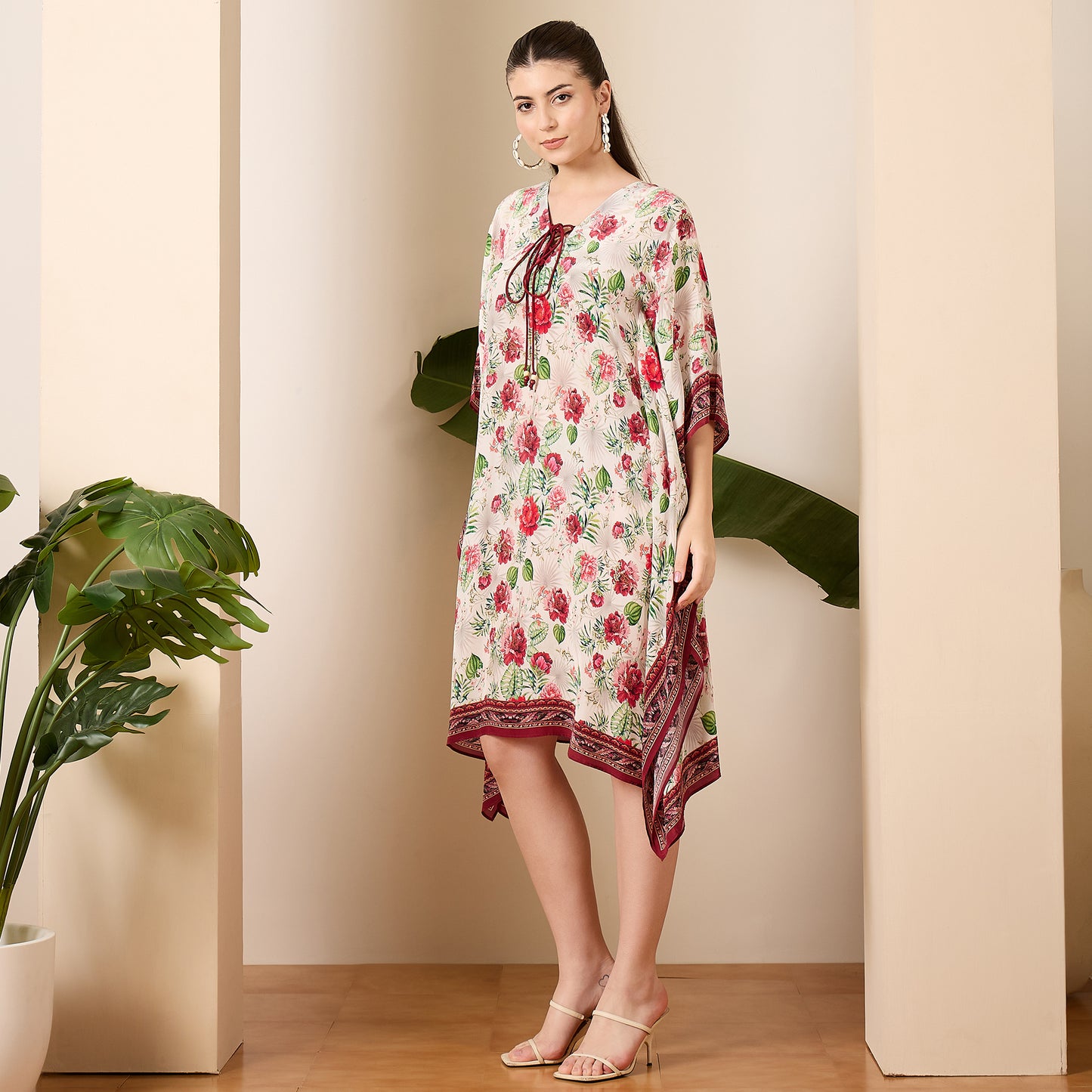 Red Rose Print Tie-up Kaftan Dress