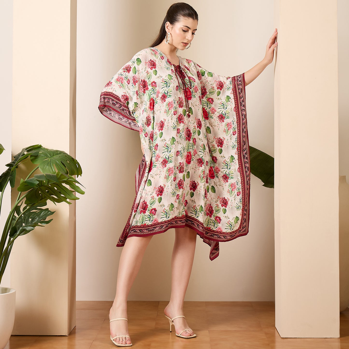 Red Rose Print Tie-up Kaftan Dress