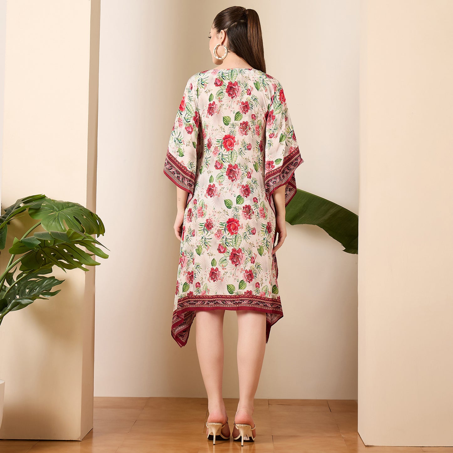 Red Rose Print Tie-up Kaftan Dress