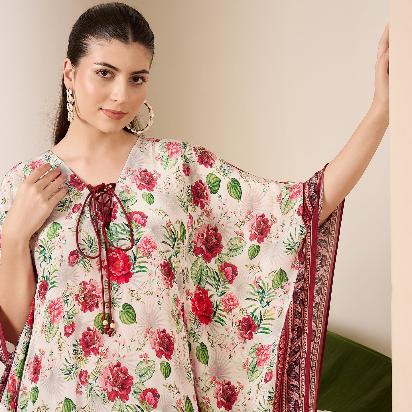 Red Rose Print Tie-up Kaftan Dress